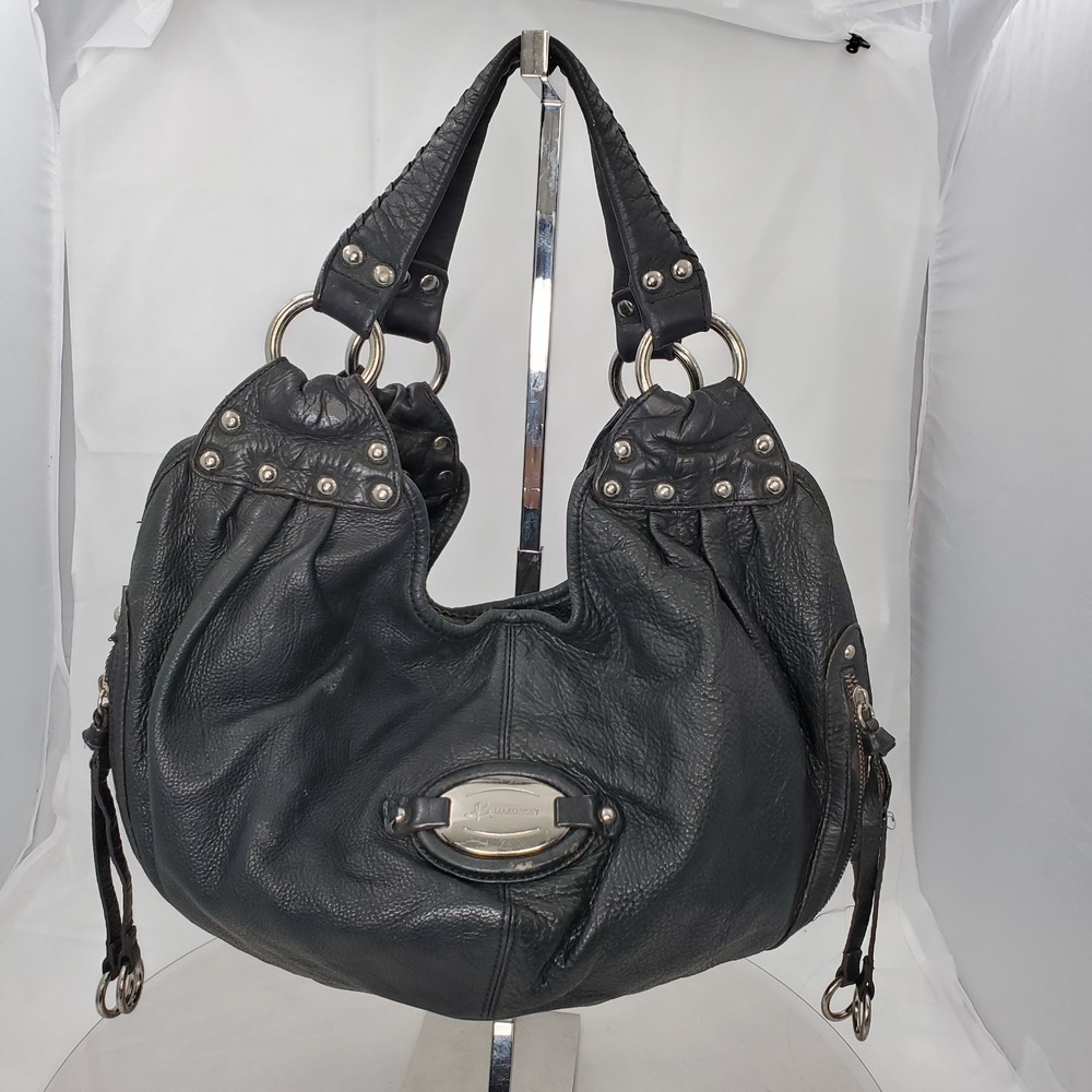 Vintage Y2K B Makowsky Black Leather Studded Slouchy Hobo Shoulder Bag Ring